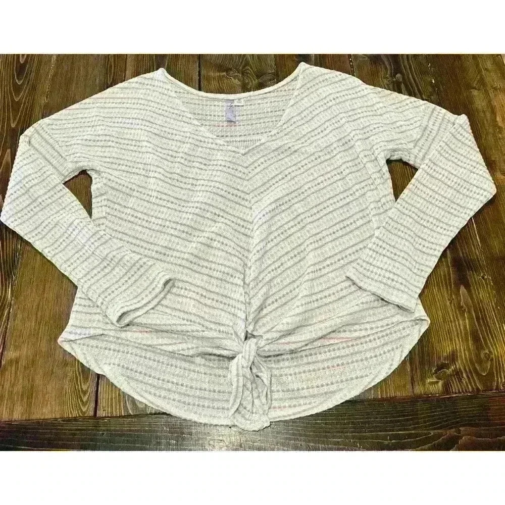 Womens Alya Thermal Long Sleeve V-Neck Sz Medium Tie Front Cropped Top